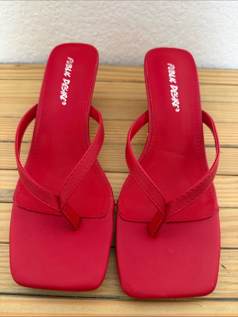 Public Desire Red Square-Toe Thong Heeled Sandals